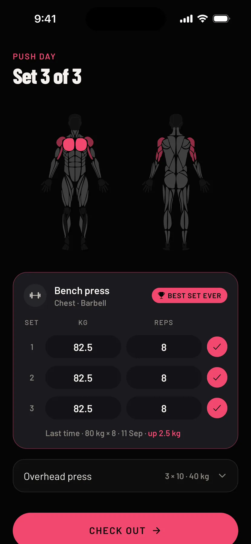 Push day: bench press at 82.5 kg for 8, all three sets ticked, 2.5 kg up on last time, the chest lit on the body and a Best set ever badge