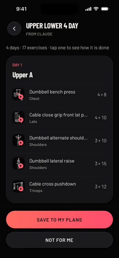 The plan Claude sent, open on the phone: Upper Lower 4 day, from Claude, with a picture for every exercise and a Save to my plans button