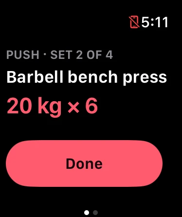 The watch app mid session: Push, set 2 of 4, barbell bench press, 20 kg times 6, and a Done button