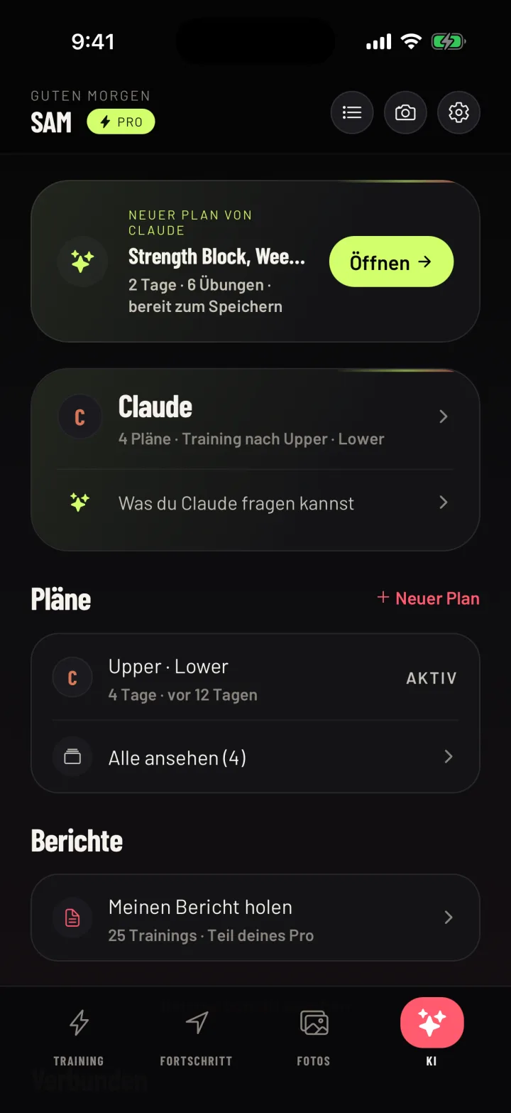 Der KI-Tab in Gym Commitment: Ein neuer Plan von Claude ist gerade angekommen, darunter, was du fragen kannst. Beispieldaten.