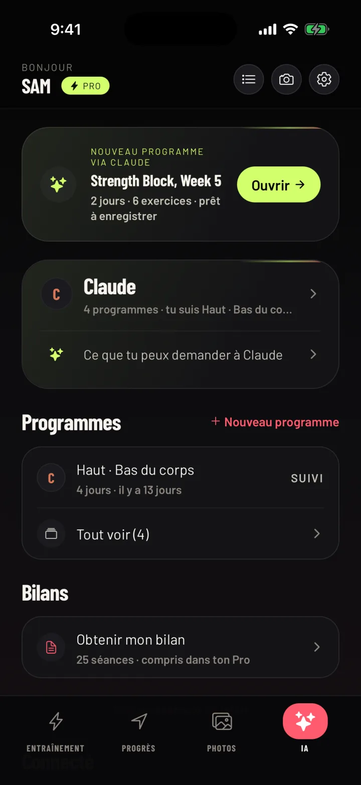 L'onglet IA de Gym Commitment : un nouveau programme de Claude vient d'arriver, avec en dessous ce que tu peux lui demander. Données d'exemple.