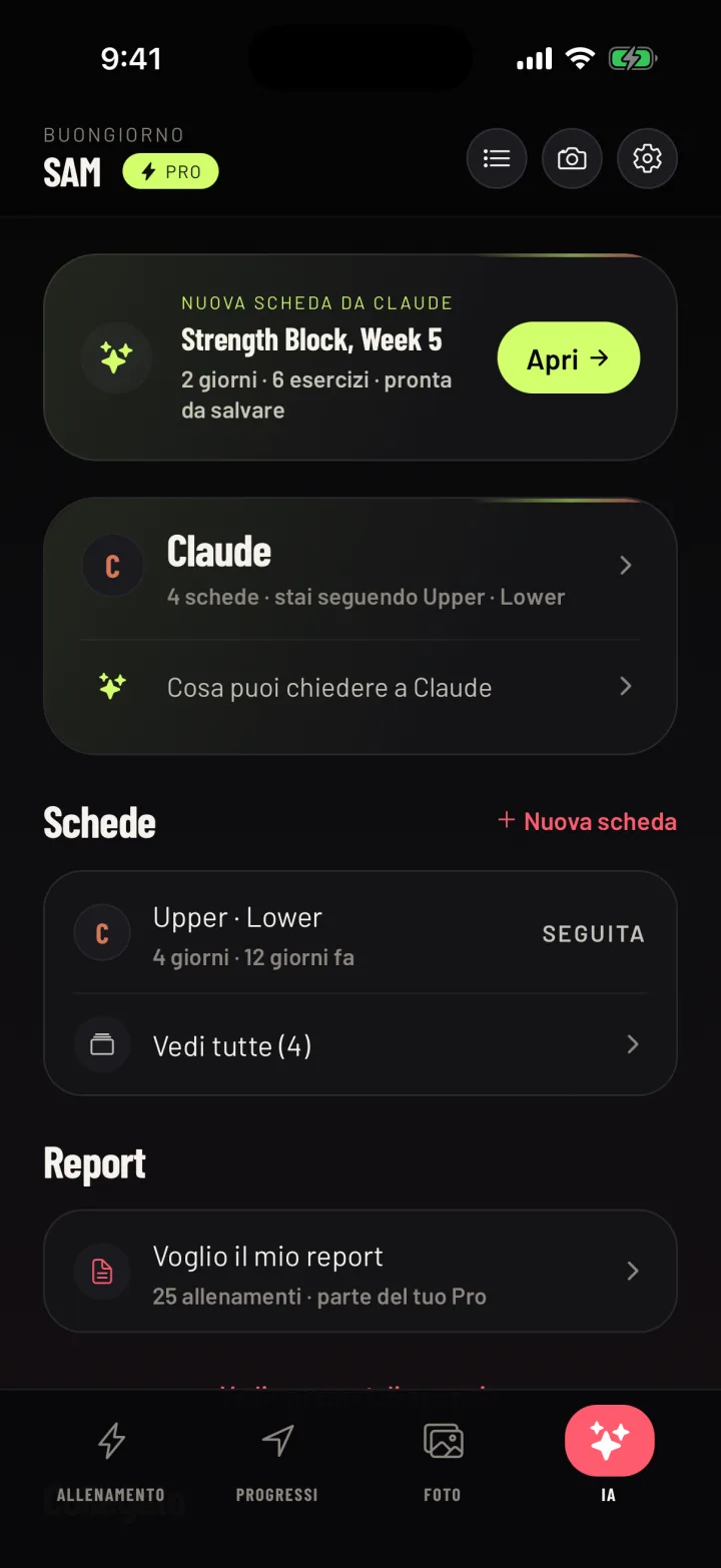 La sezione IA di Gym Commitment: è appena arrivata una nuova scheda da Claude, con sotto quello che puoi chiedergli. Dati di esempio.