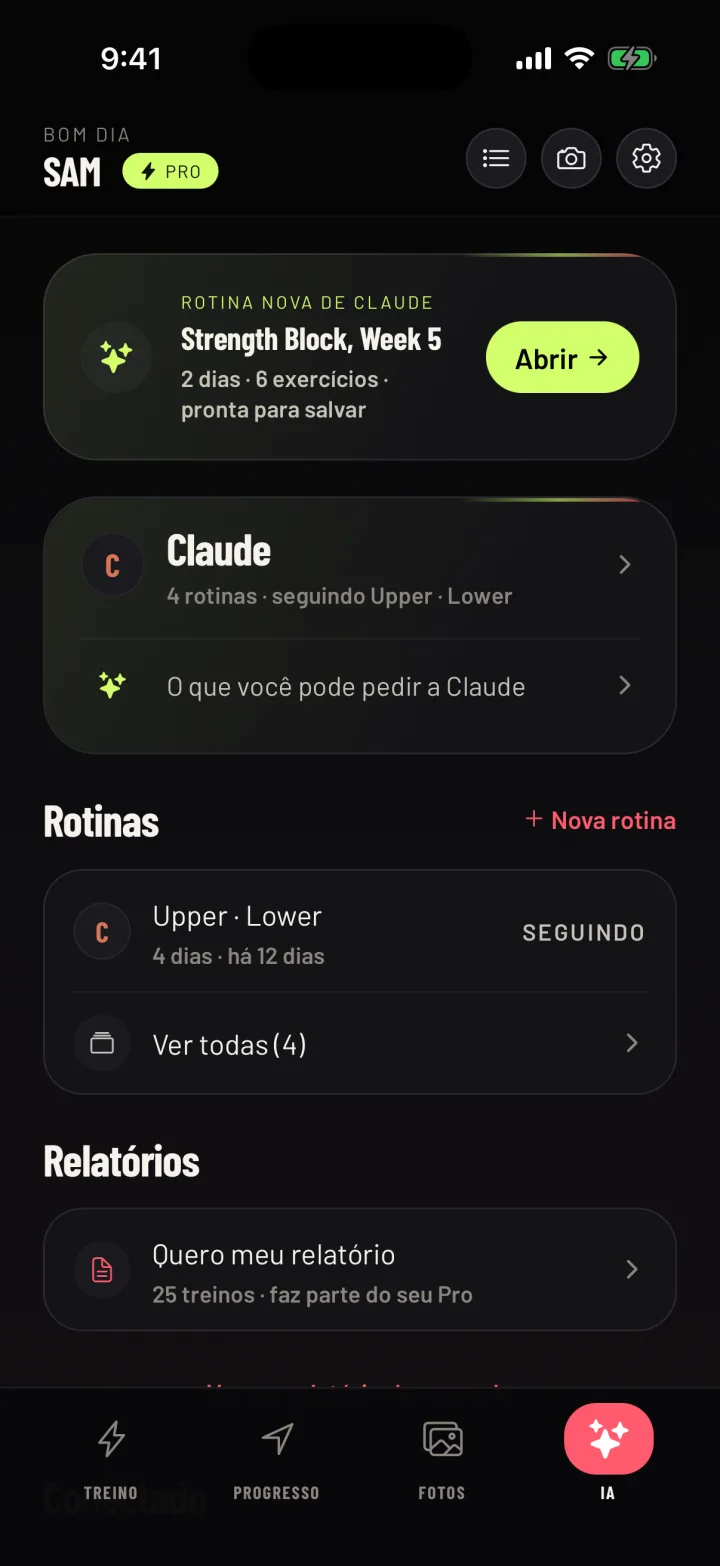 A aba IA do Gym Commitment: uma rotina nova do Claude acabou de chegar, com o que você pode pedir logo abaixo. Dados de exemplo.