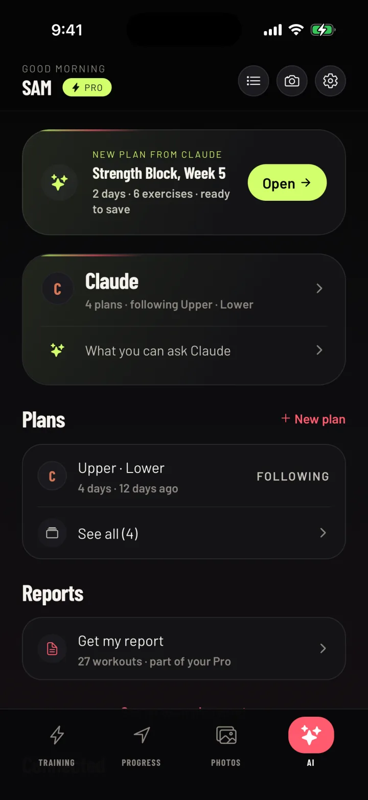 The AI tab in Gym Commitment: a new plan from Claude has just arrived, with what you can ask under it. Sample data.
