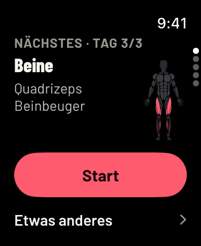 Gym Commitment auf der Apple Watch vor dem Training: Nächstes, Tag 3 von 3, Beine, mit den Muskeln auf der Figur und einem Start-Button. Beispieldaten.