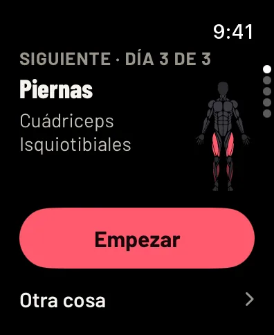 Gym Commitment en el Apple Watch antes de entrenar: Siguiente, día 3 de 3, Piernas, con sus músculos en la figura y el botón Empezar. Datos de ejemplo.
