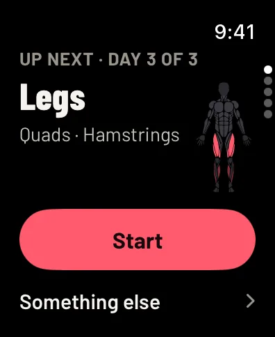 Gym Commitment on Apple Watch before a workout: Up next, day 3 of 3, Legs, with its muscles on the body figure and a Start button. Sample data.