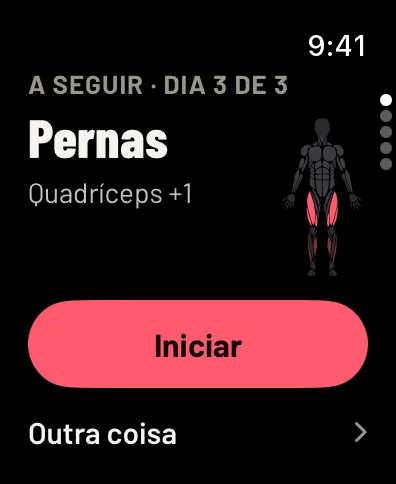 Gym Commitment no Apple Watch antes do treino: A seguir, dia 3 de 3, Pernas, com os músculos na figura e o botão Iniciar. Dados de exemplo.