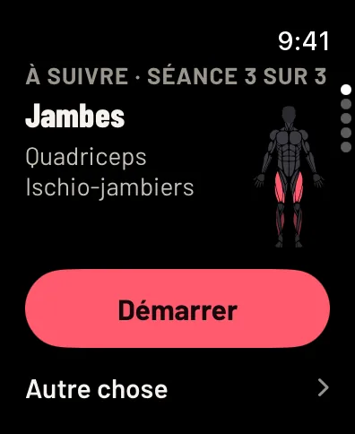 Gym Commitment sur Apple Watch avant la séance : À suivre, séance 3 sur 3, Jambes, avec ses muscles sur la silhouette et un bouton Démarrer. Données d’exemple.