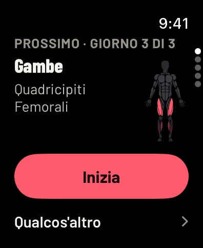 Gym Commitment su Apple Watch prima dell’allenamento: Prossimo, giorno 3 di 3, Gambe, con i muscoli sulla figura e il pulsante Inizia. Dati di esempio.