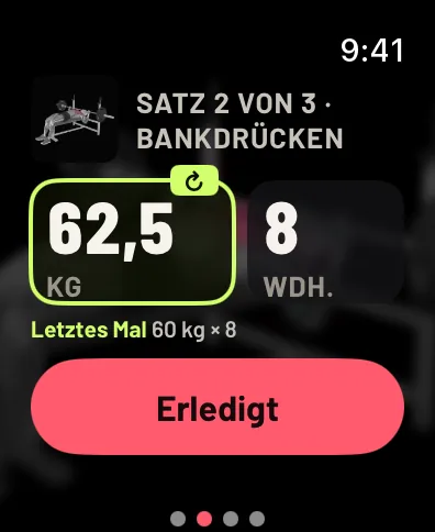 Satz 2 von 3, Bankdrücken: ein kleines Foto der Übung, 62,5 kg und 8 Wdh., Letztes Mal 60 kg mal 8, und ein Erledigt-Button. Beispieldaten.