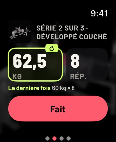Série 2 sur 3, développé couché : une petite photo du mouvement, 62,5 kg et 8 répétitions, La dernière fois 60 kg fois 8, et un bouton Fait. Données d’exemple.