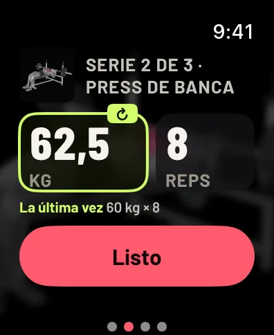 Serie 2 de 3, press de banca: una foto pequeña del ejercicio, 62,5 kg y 8 reps, La última vez 60 kg por 8, y el botón Listo. Datos de ejemplo.