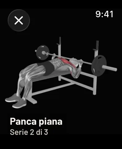 La foto della panca piana a tutto schermo sull’orologio, con il nome e Serie 2 di 3 sotto. Dati di esempio.