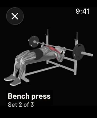 The bench press photo full screen on the watch, with its name and Set 2 of 3 under it. Sample data.