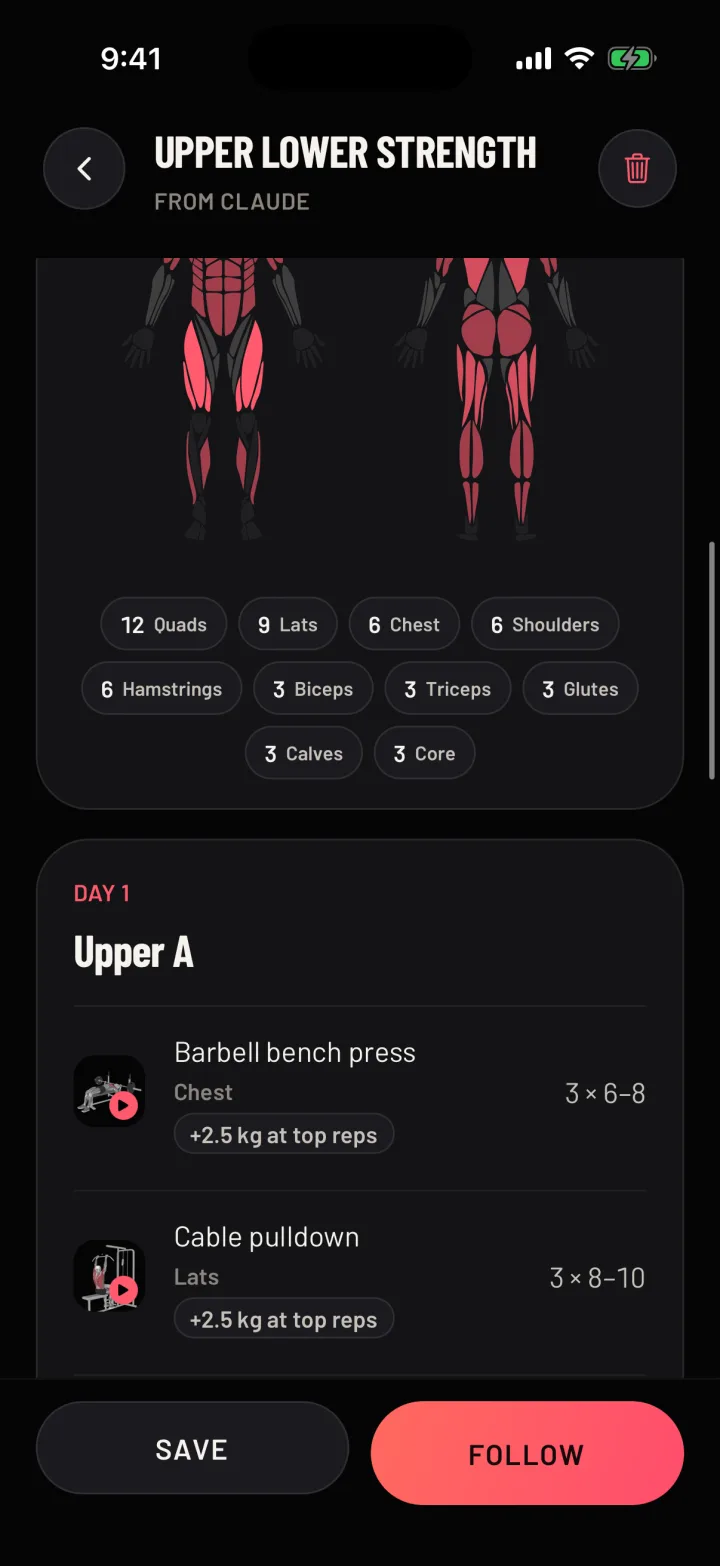 A plan in Gym Commitment, written by the person's AI, with its training days and exercises. Sample data.