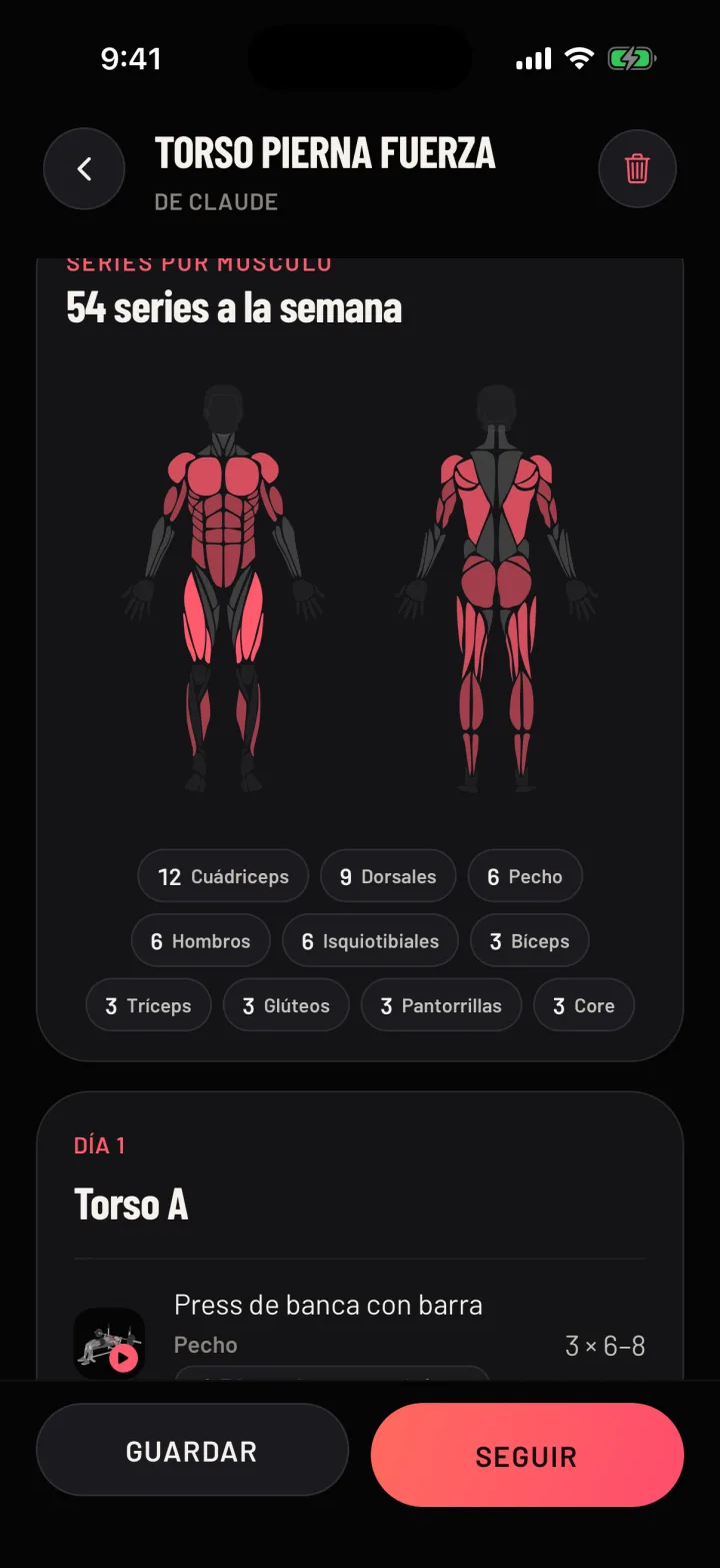 Una rutina en Gym Commitment escrita por tu IA, con tus días de entreno y tus ejercicios. Datos de ejemplo.
