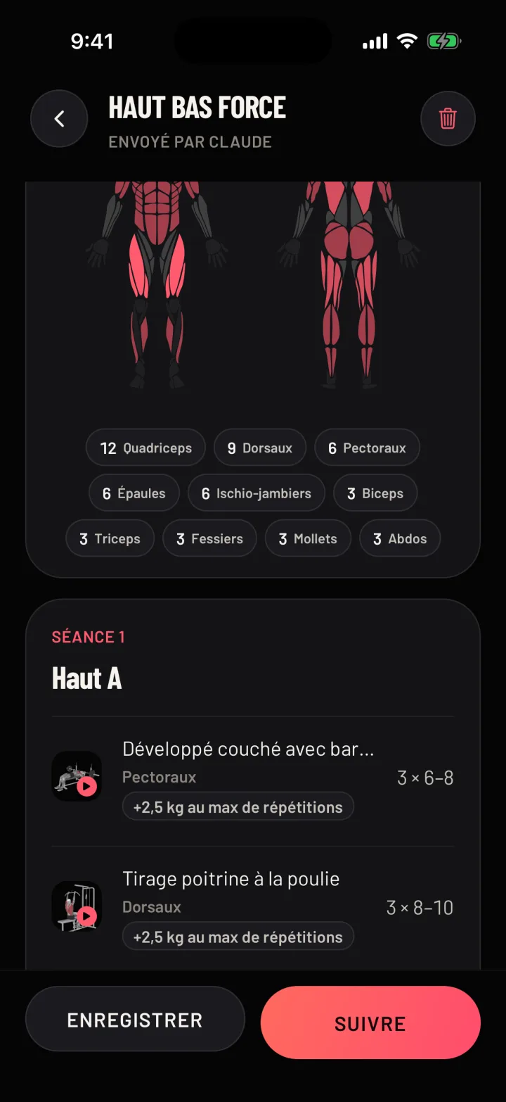 Un programme dans Gym Commitment, écrit par ton IA, avec ses jours d'entraînement et ses exercices. Données d'exemple.