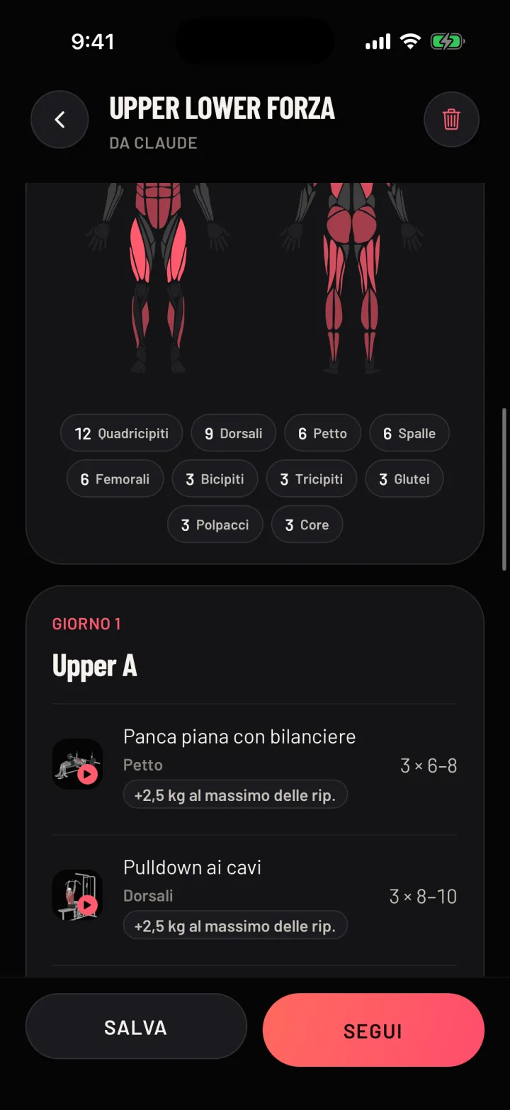 Una scheda in Gym Commitment scritta dall'IA, con i giorni di allenamento e gli esercizi. Dati di esempio.
