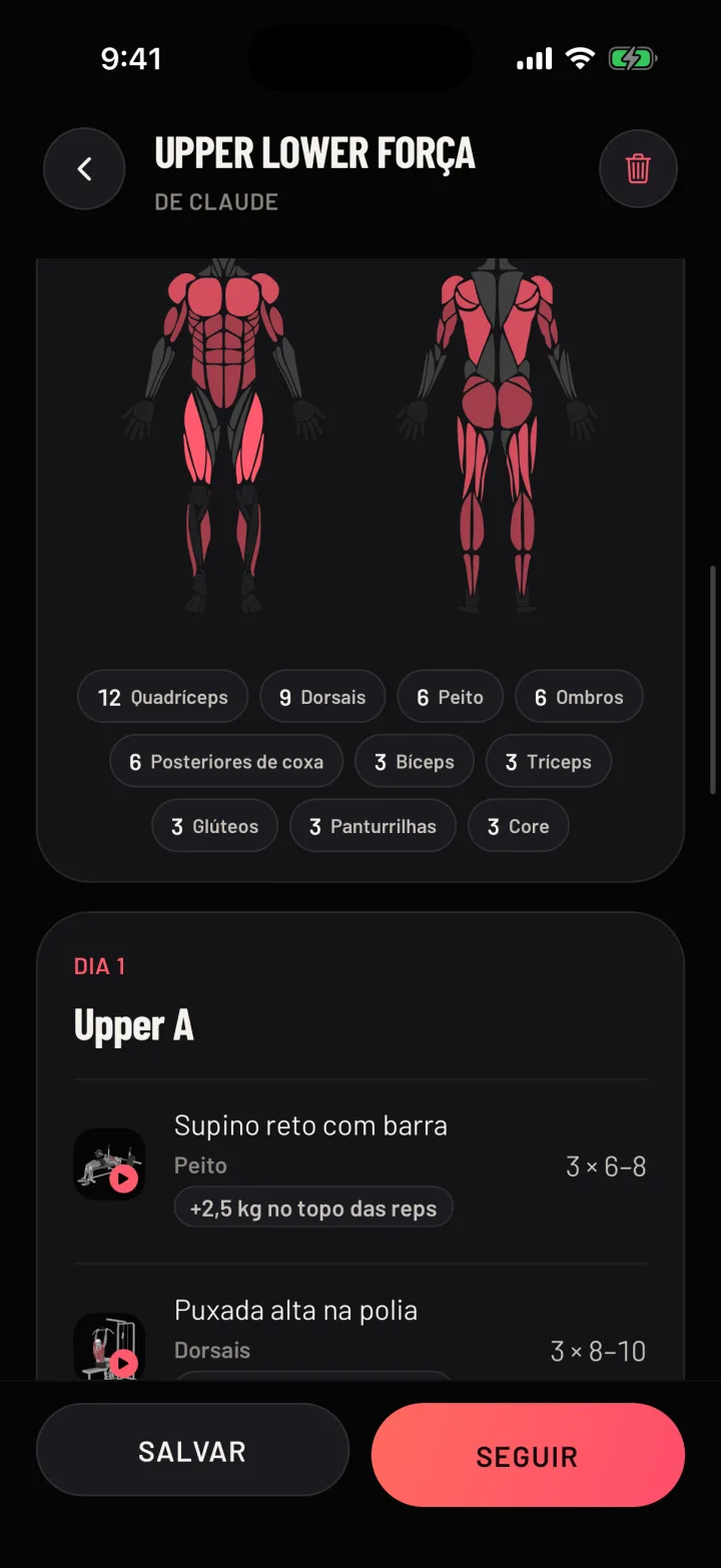 Uma rotina no Gym Commitment, escrita pela IA da pessoa, com os dias de treino e os exercícios. Dados de exemplo.
