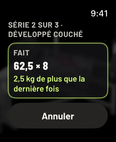La série cochée : Fait, 62,5 fois 8, 2,5 kg de plus que la dernière fois, et un bouton Annuler. Données d’exemple.