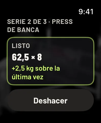 La serie marcada: Listo, 62,5 por 8, +2,5 kg sobre la última vez, y el botón Deshacer. Datos de ejemplo.