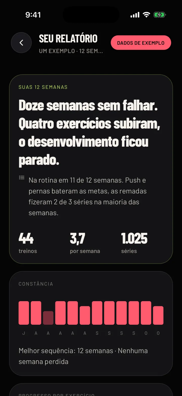 Um relatório de exemplo no Gym Commitment, com o título e três mudanças para a rotina. Dados de exemplo.