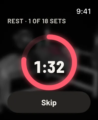 Rest, 1 of 18 sets: a ring counting down with 1:32 left and a Skip button. Sample data.