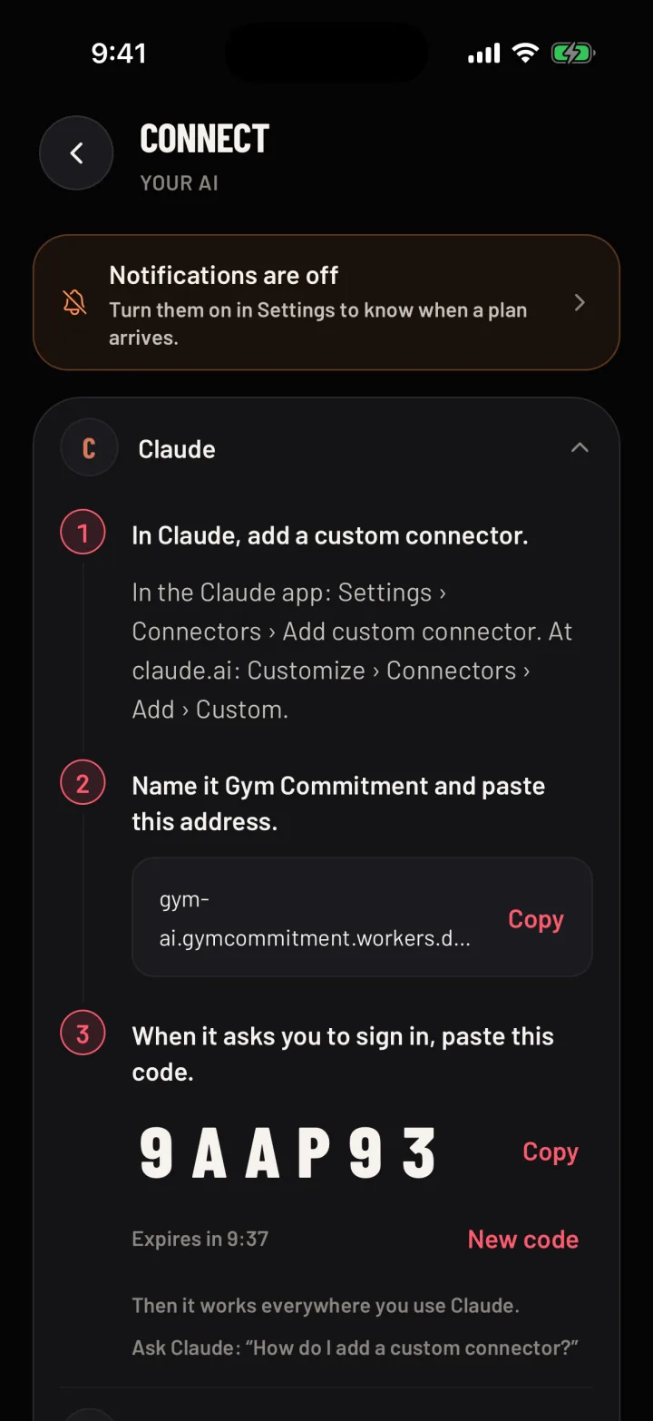 The Connect screen in Gym Commitment with the code to give your AI. Sample data.