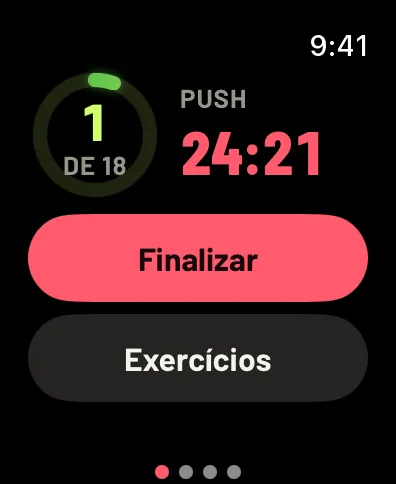 A página de controles no meio do treino: 1 de 18 séries feitas, Push, 24:21 no relógio, Finalizar e Exercícios. Dados de exemplo.