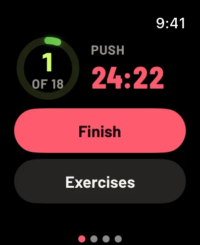 The controls page mid workout: 1 of 18 sets done, Push, 24:22 on the clock, Finish and Exercises. Sample data.