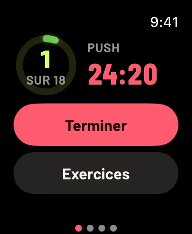 La page des commandes en pleine séance : 1 série sur 18 faite, Push, 24:20 au chrono, Terminer et Exercices. Données d’exemple.