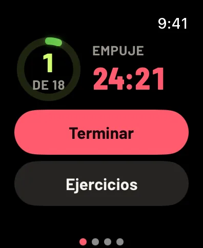 La página de controles en pleno entreno: 1 de 18 series hechas, Empuje, 24:21 en el reloj, Terminar y Ejercicios. Datos de ejemplo.