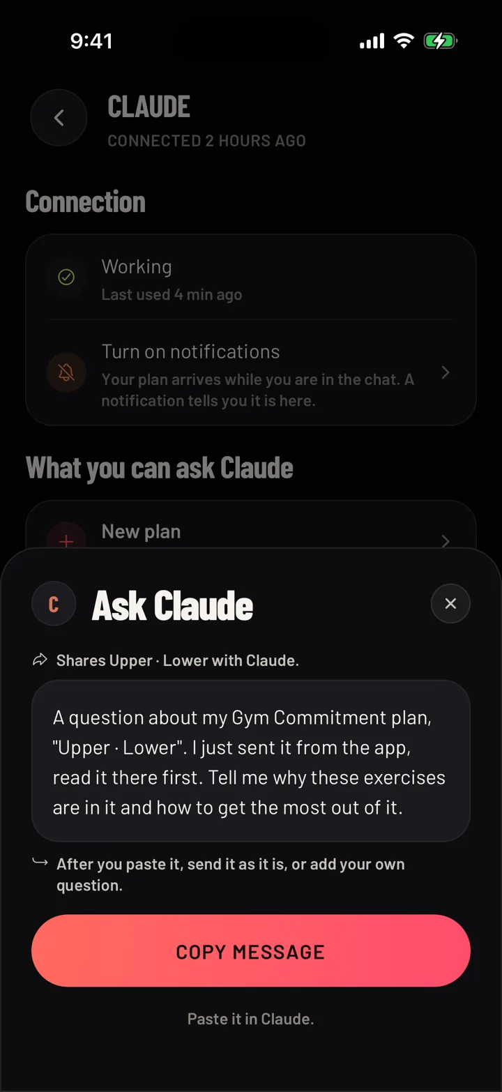 The message to copy into your AI, with its Copy button. Sample data.