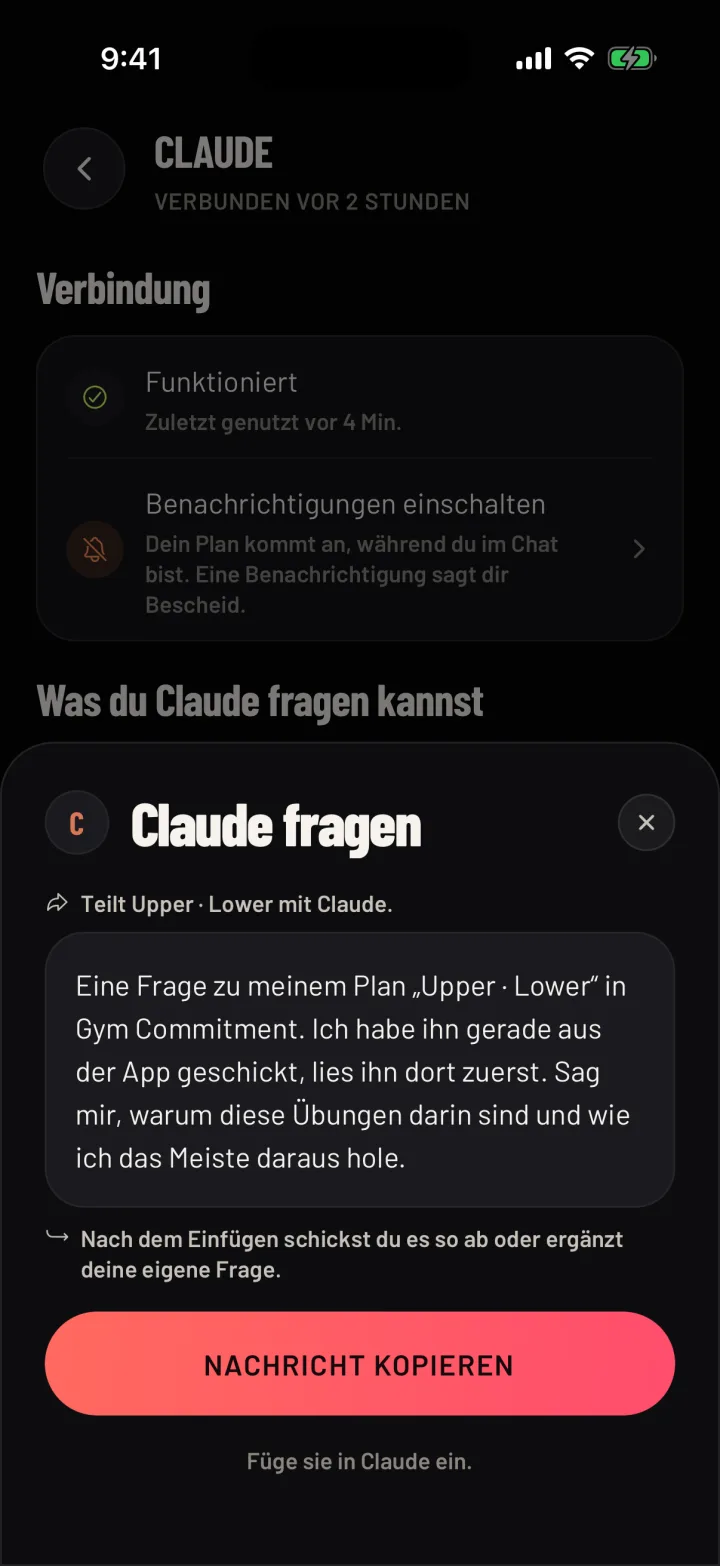 Die Nachricht für deine KI, mit dem Button Nachricht kopieren. Beispieldaten.