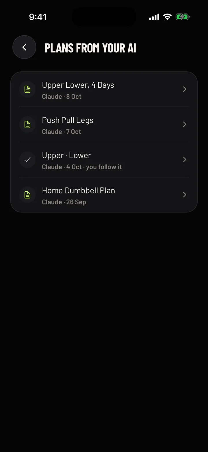 Plans from your AI in Gym Commitment, the newest first, one you follow. Sample data.