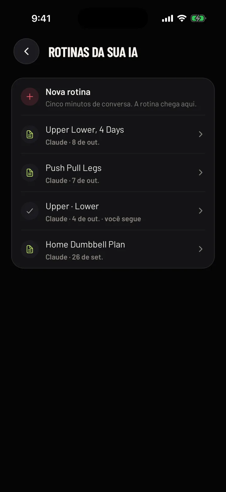Rotinas da sua IA no Gym Commitment, a mais nova primeiro, uma que você segue. Dados de exemplo.