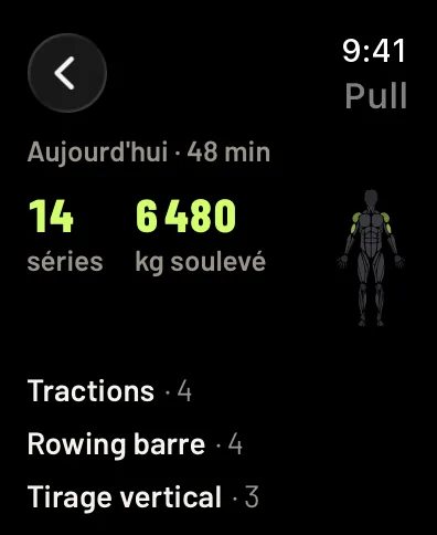 La séance d’un jour, Pull : 48 minutes, 14 séries, 6480 kg soulevés, les muscles sur la silhouette et les exercices avec leurs séries. Données d’exemple.