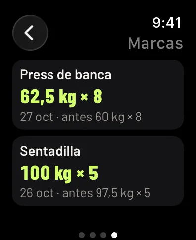 Marcas en el reloj: press de banca 62,5 kg por 8 el 27 de octubre, antes 60 kg por 8, y sentadilla 100 kg por 5 el 26 de octubre, antes 97,5 kg por 5. Datos de ejemplo.