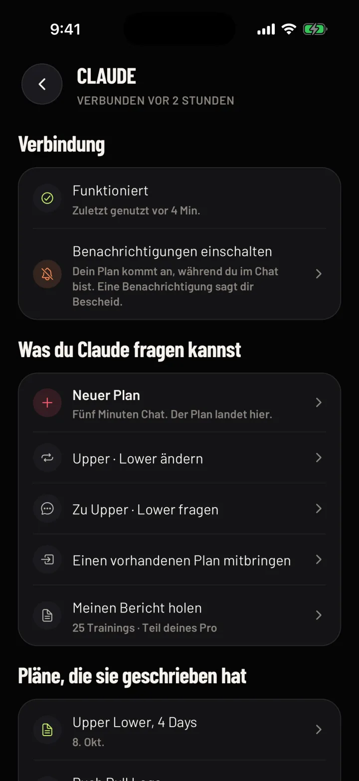 Was du Claude in Gym Commitment fragen kannst: einen neuen Plan, eine Änderung, eine Frage zu einem Plan, einen vorhandenen Plan und einen Bericht. Beispieldaten.
