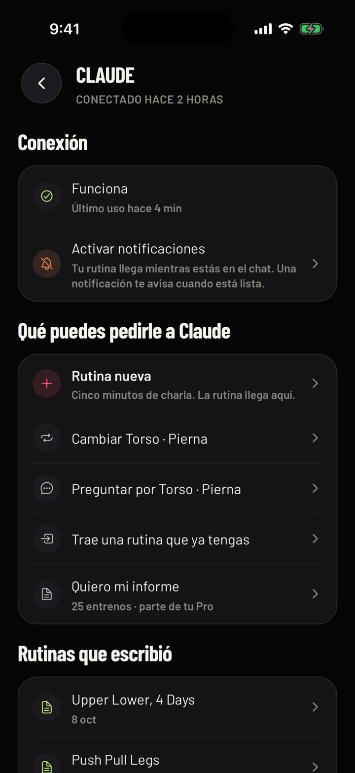 Lo que puedes pedirle a Claude en Gym Commitment: una rutina nueva, un cambio, una pregunta sobre una rutina, una rutina que ya tienes y un informe. Datos de ejemplo.