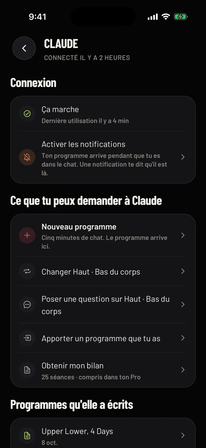 Ce que tu peux demander à Claude dans Gym Commitment : un nouveau programme, un changement, une question sur un programme, un programme que tu as déjà et un bilan. Données d'exemple.