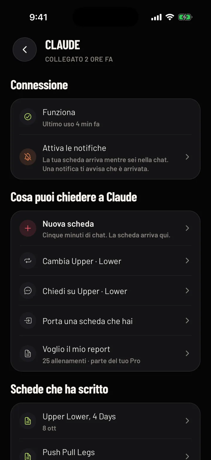 Cosa puoi chiedere a Claude in Gym Commitment: una scheda nuova, una modifica, una domanda su una scheda, una scheda che hai già e un report. Dati di esempio.