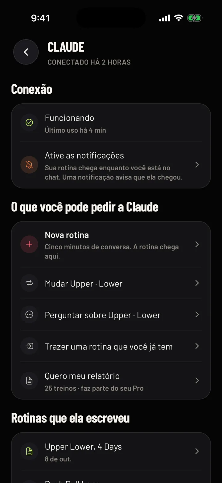O que você pode pedir ao Claude no Gym Commitment: uma rotina nova, uma mudança, uma pergunta sobre uma rotina, uma rotina que você já tem e um relatório. Dados de exemplo.