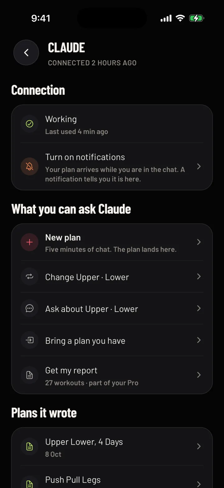 What you can ask Claude in Gym Commitment: a new plan, a change, a question about a plan, a plan you already have, and a report. Sample data.