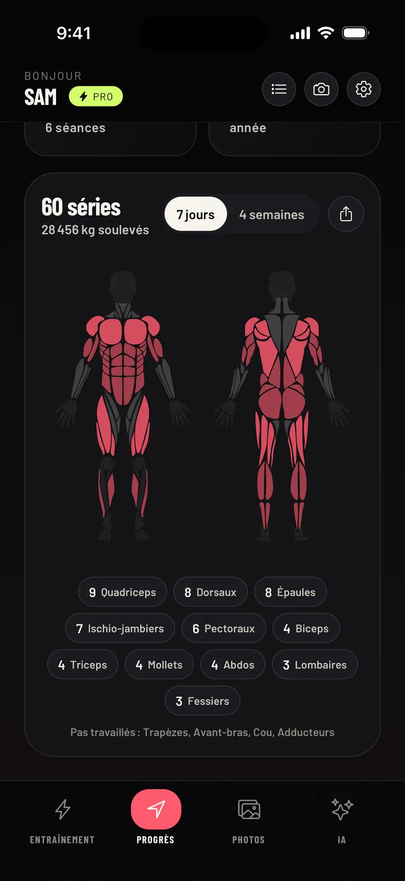 La silhouette dans Gym Commitment, avec les muscles travaillés cette semaine colorés. Données d'exemple.