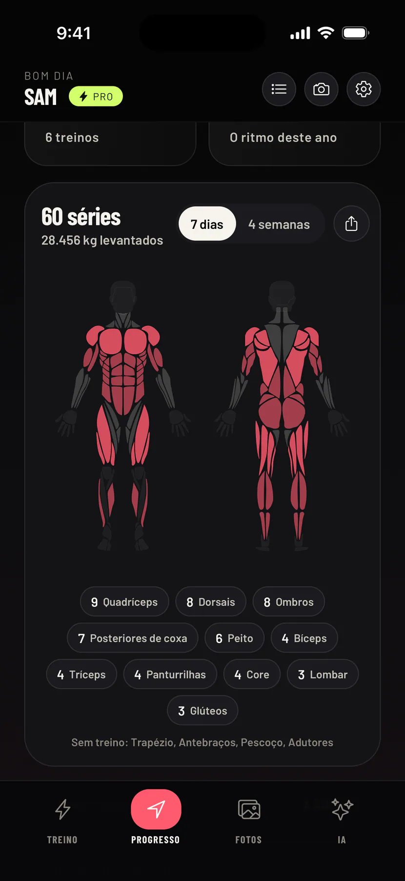 A figura do corpo no Gym Commitment, com os músculos treinados nesta semana sombreados. Dados de exemplo.