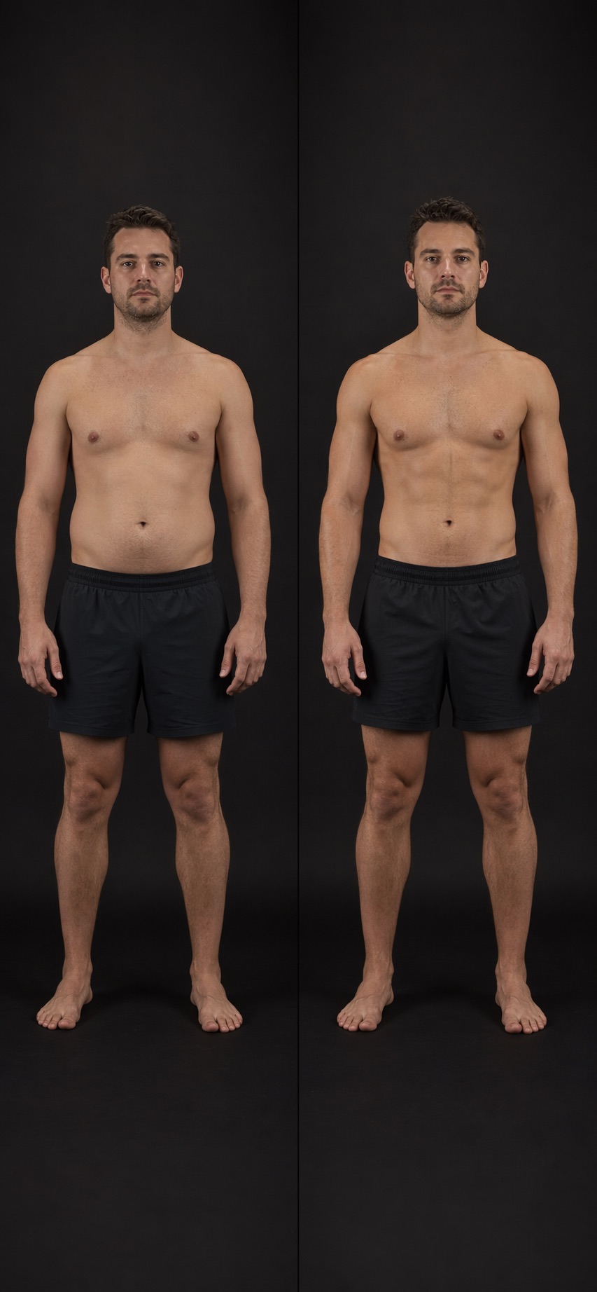 Before and after physique comparison showing the same man at two different points in progress.