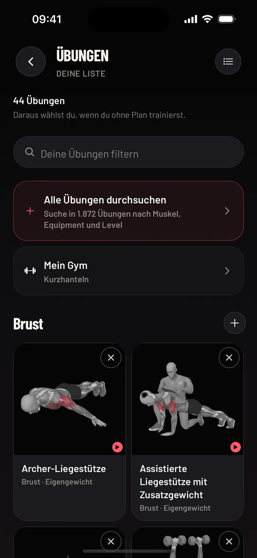 Deine Übungsliste mit Suchfeld und Mein Gym, das sie nach der Ausrüstung deines Gyms filtert