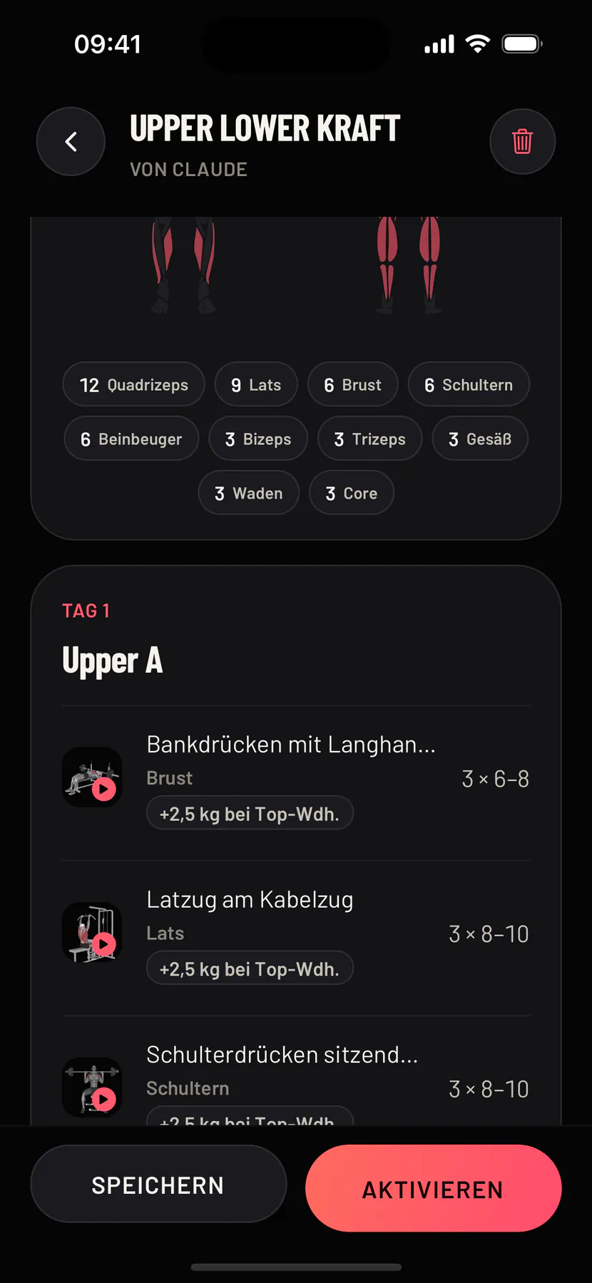 Der Plan von Claude, geöffnet auf dem Handy: der Planname mit „Von Claude“, die Muskeln, die er trainiert, jeder Tag mit einem Bild für jede Übung und die Buttons Speichern und Aktivieren
